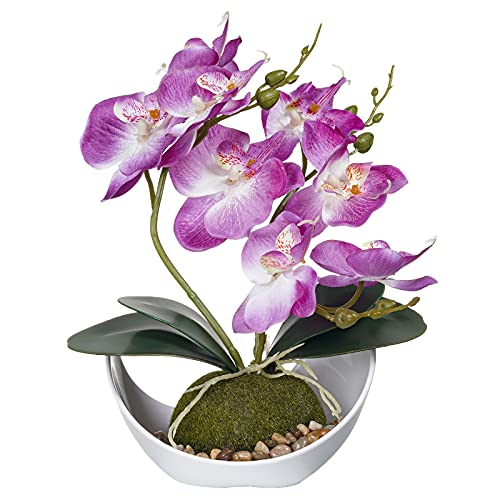 Artificial Orchid in Pot, Fake Orchid Artificial Flowers with Vase, Artificial Flowers Orchid in White Pot Decoration for Home for Table Office Home Party Decoration( Purple )