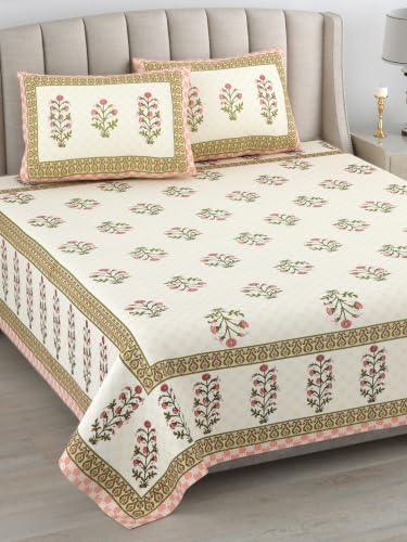 Image of 300 TC 100% Pure Cotton Bedsheet for Double Bed King Size (90x108) inch, Jaipuri Print Double Bedsheet with 2 Pillow Covers, Premium Printed Flat Bed Sheet