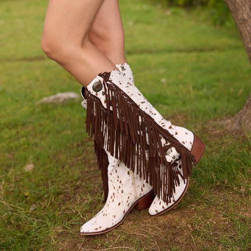 Cow Print Western Boots for Women Fringe Tall Cowboy Boots All Season Mid Heel Country Style Riding Boots with Side Zipper4