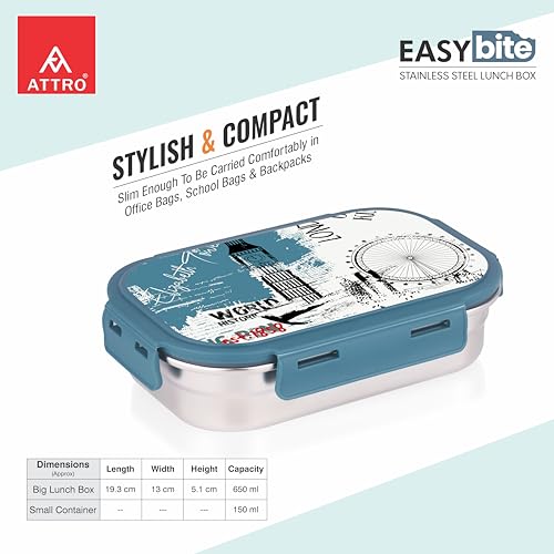 Image of ATTRO Easy Bite Stainless Steel Lunch Box with Inner Steel Body, Airtight 4-Side Lock Lid, Leakproof Silicone Seal, Small Container for Office School Kids Tiffin Box - 650ml+150ml-London Journey Blue