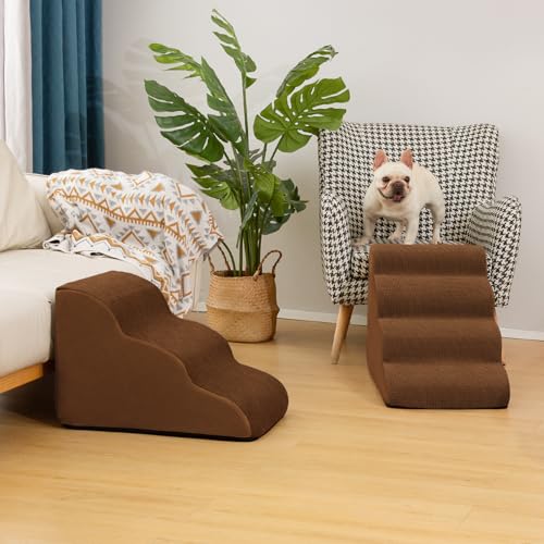 Image of Aodisman Dog Steps for Bed or Couch,4-Step Pet Stairs Ramp for Small Dogs | 17.4 inch H Indoor Non-Slip Dog Stairs Help Senior Dogs,Short-Legged Breeds,Puppies and Cats to Reach Beds and Chairs,Grey,Brown