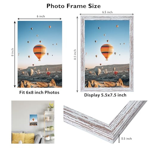 Image of JCJMY 6x8 Picture Frame Rustic White for Wall Hanging or Tabletop, Wall Mounting Horizontally or Vertically, 6 x 8 Wall Gallery Poster Photo Frame with Shatter Resistant Plexiglass, Rustic White