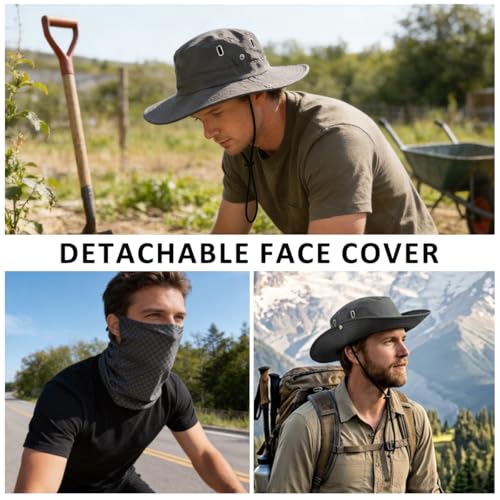 Image of GUSTAVE UV Sun Protection Hat with 2 in 1 Face Cover Neck Gaiter, Wide Brim Round Cap with Ice Silk Nylon Breathable Mesh Mask, UV Protection Fishing Hiking Cycling Outdoor Cap Set Light Khaki