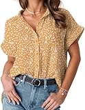 HOTOUCH Womens Short Sleeve Button Down Shirts V Neck Collared Button Up Blouse Boho Printed Tops Summer Yellow S