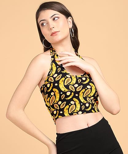 Image of POPWINGS Women Casual Black & Yellow Fruit Print Sleeveless Strap Crop Top | Women Tops | Women Regular Tops | Women Tops | Women Stylish Tops