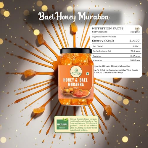 Image of Arivasa Organics Bael Murabba with Honey (500g) Natural & Fresh Wood Apple (Bel) Marmalade | Handmade Sweet Preserve - Supports Gut Health, Immunity & Overall Wellness (No Added Sugar, Artificial Preservatives or Flavors)