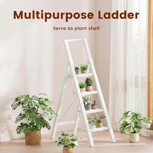 Image of 4 Step Ladder Folding Step Stool Stepladders with Anti-Slip and Wide Pedal for Home and Kitchen Use Space Saving (White)