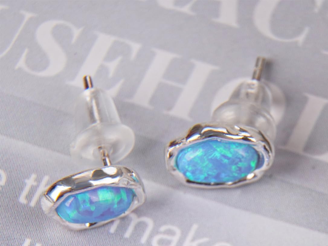 Deep Blue Opal & CZ Sterling Silver Stud Earrings for Women, 925 Silver Dainty Minimalist Jewelry Gift - Image 3