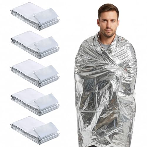 Kit 5 Mantas Térmicas Aluminizadas de Emergência 210x130cm, Cobertor Isolante para Resgate, Camping e Sobrevivência, Leve, Compacto e Impermeável