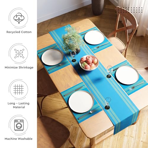 Image of Encasa XO Dining Table Runner for 4 to 6 Seater| Yarn Dyed Fine Ribbed Cotton | Size 32x150 cm | Ladder Turq Blue | Machine Washable