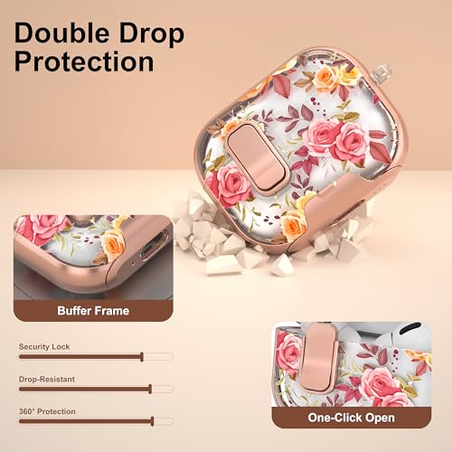 Image of for Apple AirPods Pro 3 Case 2025 with Safety Lock & Foldable Phone Stand | Double Drop Protection,Two-Piece Design, Airpod Pro 3 Case with Keychain & Cleaner Kit, Support Wireless Charging, Red Rose