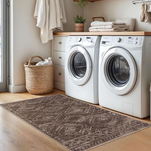 KILOCOCO Boho Entryway Rug 3x5 Area Rug Washable Non Slip Throw Rugs Soft for Kitchen Living Room Dining Bedroom Geometric Moroccan Carpet, Rust Red