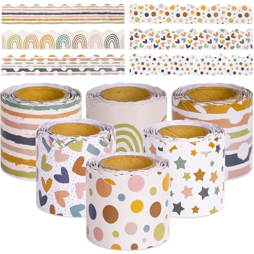 6 Rolls 196.8 ft Boho Bulletin Board Borders Classroom Colorful Border Stickers Scalloped Trim Bulletin Board Decorations for Classroom Chalkboard Desk Back to School Decor