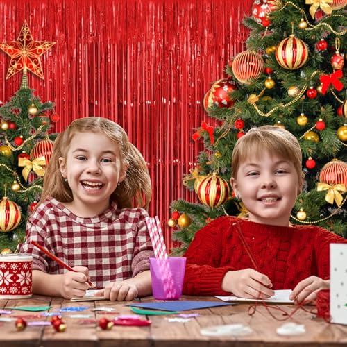 Image of 5 Pack Red Fringe Backdrop Curtains 3.2ft x 8.2ft Tinsel Foil Fringe Curtains Tinsel Backdrop Streamers for Birthday Party Decoration Christmas New Year Party Decorations (Red)