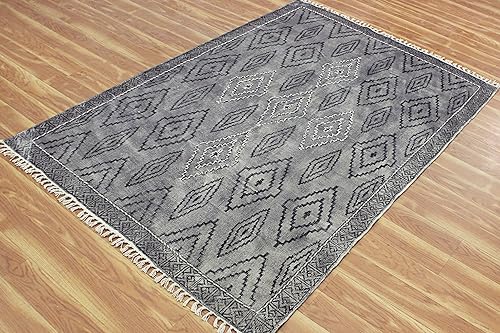 Tapis rectangulaire en coton Dhurrie anti-poussière gris et noir pour sols faciles à nettoyer - 6