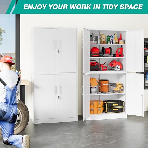 Image of Metal Storage Cabinet with 3 Adjustable Shelves,White Storage Cabinet with Lock,71 inch Lockable Metal Cabinets with Locking Doors,Tall Steel Pantry Cabinets 4 Door for Home,Office,Garage,Bathroom,Kitchen