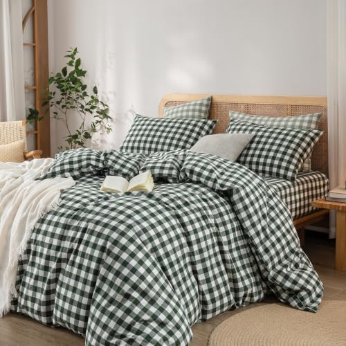 Image of BESTOUCH Gingham Cotton Duvet Cover Set Green Super King | Washed Cotton, Linen Feel, Soft Wrinkle Texture, Hidden Zipper, 8 Ties, Breathable Lightweight Durable Comfy, 3 Pcs No Insert