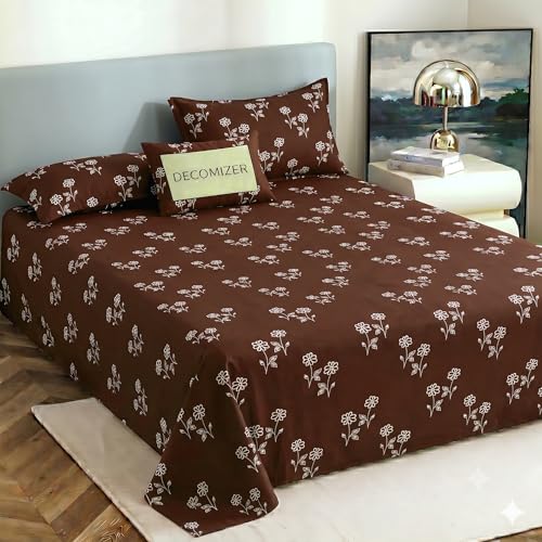 Image of DECOMIZER 240 TC Microfiber Soft Cotton Printed Single Bed Bedsheet for Diwan Bed, Size 60 Inches X 90 Inches, 152 X 230 cm with 1 Large Size Pillow Covers - SolidCoffeeFlower