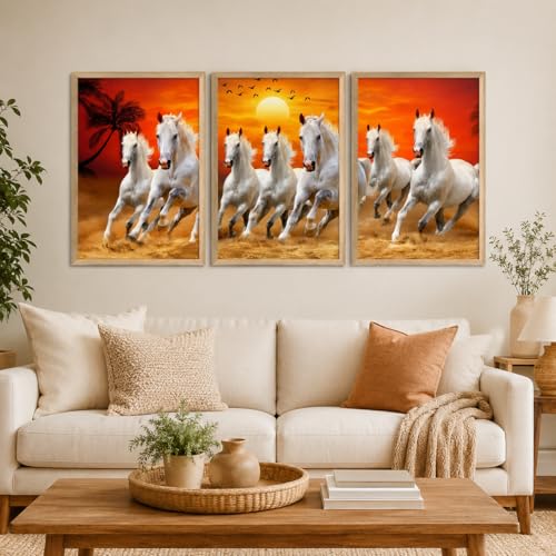 Image of Livin'luxe Set of 3 White Running Horse Sunset Wall Paintings for Living Room Bedroom Home Decor with Premium Wooden Color Synthetic Frame (25.5 x 19.5 Inch) NM03-95
