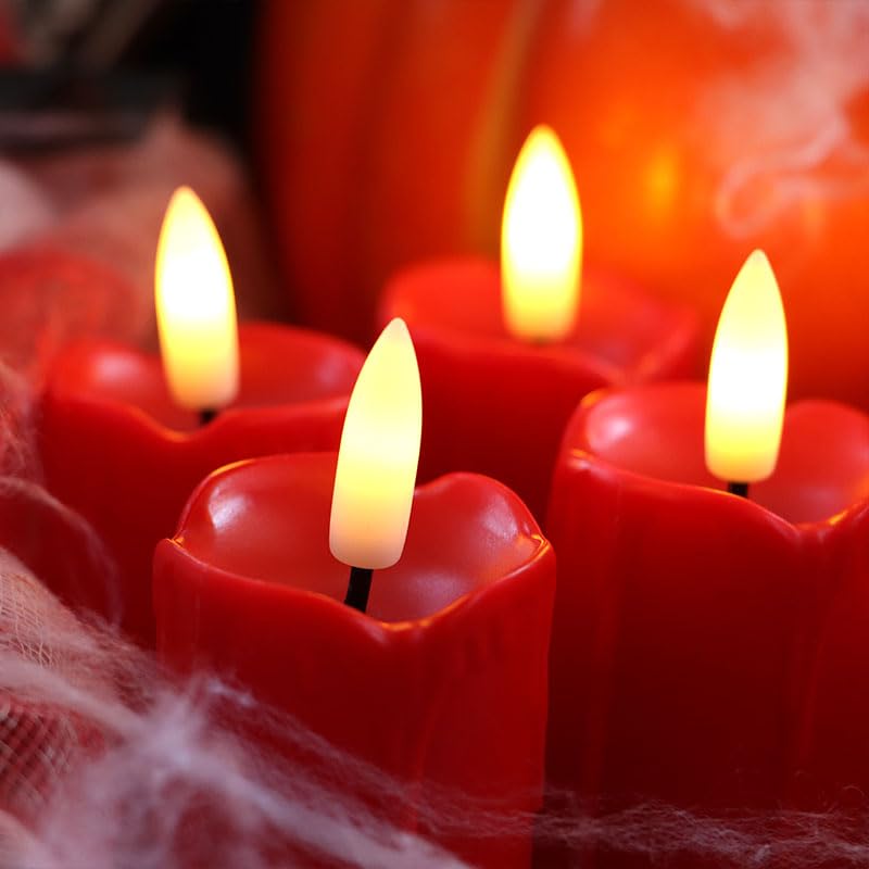 Image of 6 Pack LED Flameless Votives with Built-in Timer Realistic Black Wick Drips Battery Operated Electric Candle Set for Home Party Wedding Halloween Christmas Decorations 1.5 inch D x 3.5 inch H, Red