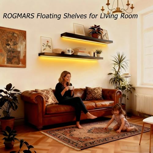 Image of ROGMARS Black Floating Shelves for Wall with Led Light 36 Inches Long,Rustic Solid Wood Farmhouse Wall Shelves with Invisible Brackets for Bedroom, Living Room, Kitchen, Bathroom Set of 2