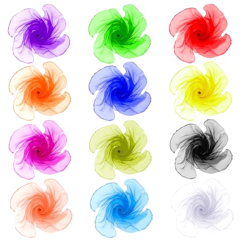 12 Pcs 50s Retro Chiffon Sheer Square Neck Head Scarf for Women Lightweight 12 Colors Juggling Dance Scarf 23.6 Inches Solid Color Bandana Ribbon Scarves 1950's Plain Handkerchief for Women Girls