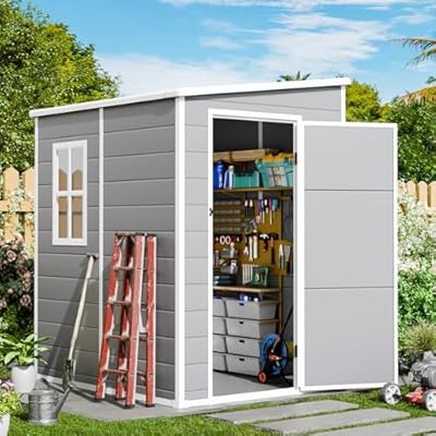 RichFire 5x4 FT Plastic Outdoor Storage Sheds with Floor and Lockable Door, Compact Resin Outdoor Storage Cabinet Waterproof, Garden Shed/Tool Shed for Backyard, Patio, Lawn, Grey