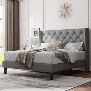Feonase Queen Bed Frame with Upholstered Wingback Headboard, Platform Bed and Heavy Duty Wooden Slats Support, Easy Assembly, Noise-Free, No Box Spring Needed, Light Gray