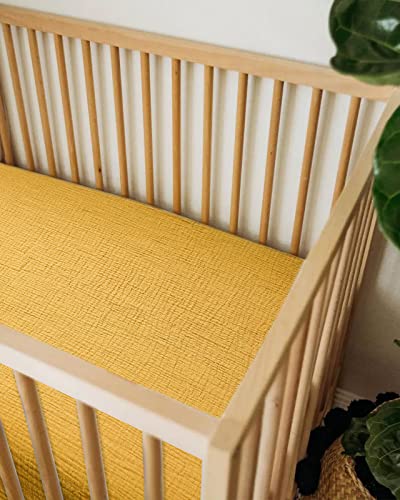 Image of Mini Crib Sheets for Baby, Fitted Pack N Play Mattress and Mini Cribs 24 inch x 38 inch, Neutral Muslin Cotton Mini Crib Mattress Sheet with Boho Style, Soft and Breathable Comfort (Mustard Yellow)