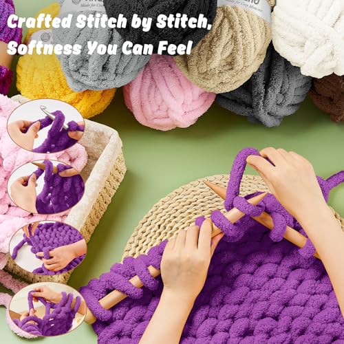 Image of Inhand Grape Purple Chunky Chenille Yarn for Hand Knitting,Thick Bulky Mom Blanket Yarn for Crocheting,Soft Fluffy Yarn for Mother's Day Gifts and Crafts for Women /Grandma,8 Pack (29.5Yds /8.4oz Each)