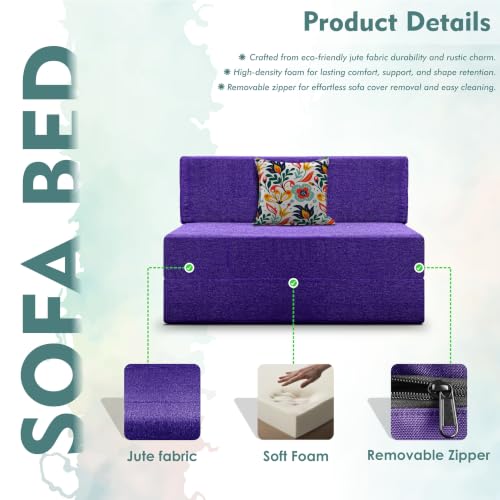 Image of Los Angeles Foldable One Seater Sofa Cum Bed, Sofa Bed 3 X 6 Feet Jute Fabric Washable Cover- Including Cushion Perfect for Living Room - Purple