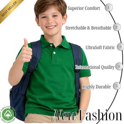 Image of Kids Boys Polo T-Shirt | Half Sleeves | Organic Cotton Rich Bio-Wash Fabric | Ultra Soft & Breathable | Regular Fit | Plain Solid Colour Casual Wear & School Uniform
