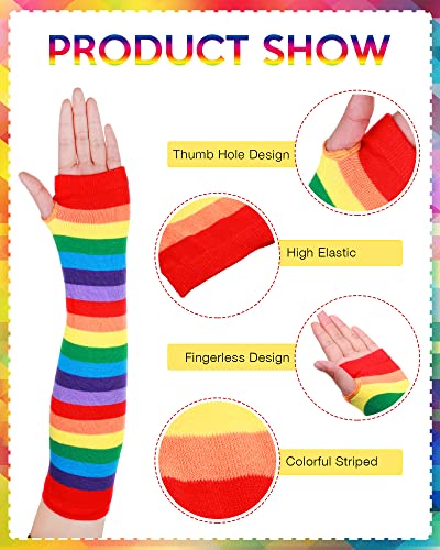 Chuarry 8 Pairs Women's Rainbow Thigh High Socks Fingerless Arm Warmer Set Long Striped High Socks Leg Warmers for Pride Fest(Mixed Color,Classic Style)4