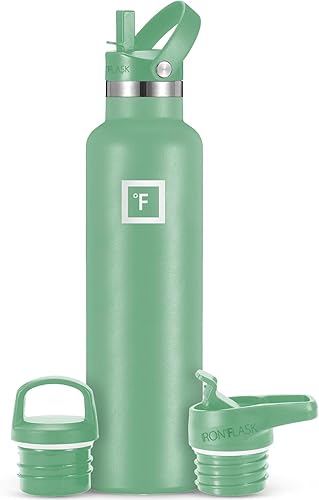 Miniatura 10 de IRON FLASK - Botella de agua deportiva de 12 onzas líquidas, 3 tapas (tapa de pajilla), a prueba de fugas, acero inoxidable aislado al vacío, se