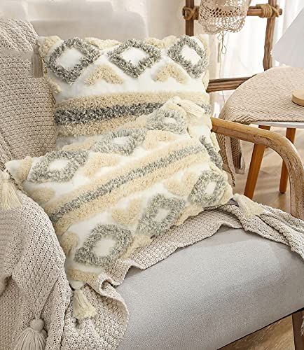 Merrycolor White Grey Boho Pillow Covers 20X20 With Tassels Tufted Decorative Gray Throw Pillows Neutral Modern Accent Pillowcase Farmhouse Square Cushion Covers For Couch Sofa Bedroom Living Room #TOP6