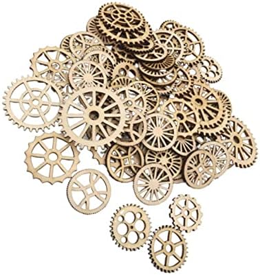 100pcs Mini Gear Wheels Wood Slices Wooden Gear Slices Embellishments Unfinished Wood Ornaments for DIY Craft Decoration (Random Styles)
