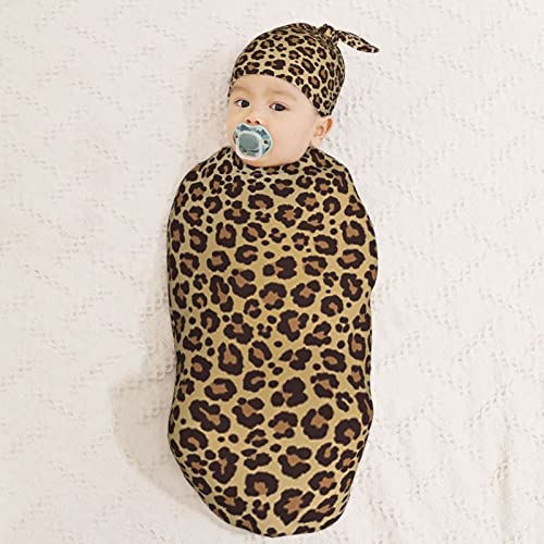 Muishi Animal Leopard Cheetah Print Brown Newborn Swaddle Blankets Hat Sets Soft Baby Receiving Blanket Swaddle Sack For Baby Shower Infant Boy Girl Gift #TOP7