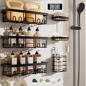Veken Stainless Steel Shower Caddy 6-Pack, No Drilling & Rustproof, Waterproof Adhesive Shelves Rack with Soap Holder, Large Capacity Bathroom Organizers and Storage, Wall-Mounted Kitchen & Home Decor