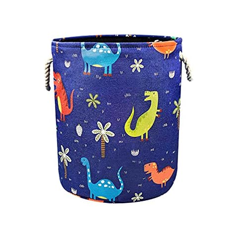 Ulife Mall Laundry Hamper Baby Storage Baskets, Collapsible Laundry Baskets Large Organizer Toy Bins Round Canvas Nursery Hamper Gift Baskets for Kids Room Boys Girls Bedroom Clothes (Blue, Dinosaur) Cover