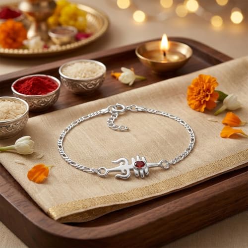 Image of Parnika 925 Pure 92.5 Sterling Silver Om Trishul Tripund Rudraksh Rakhi Bracelet for Brother | Hallmarked Silver Raksha Bandhan Rakhi | Premium Adjustable Rakhi Gift