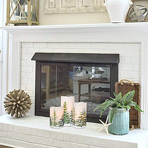 Image of Eldnacele Green Tree Christmas Decor Flameless Flickering Candles with Automatical Daily Timers, Battery Operated LED Candles Real Wax Decals Pack 3 Tiered Pillars 3 x 4 5 6 Inches