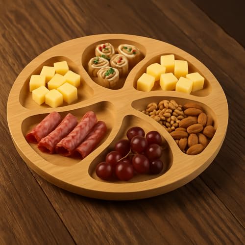 Petisqueira Premium Madeira Redonda 30cm 6 Divisórias Ecológica para Frios Queijos Aperitivos e Petiscos