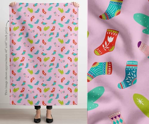 Image of Soimoi Pink Cotton Canvas Fabric Socks & Gloves Folk Art Fabric Prints By Meter 56 Inch Wide