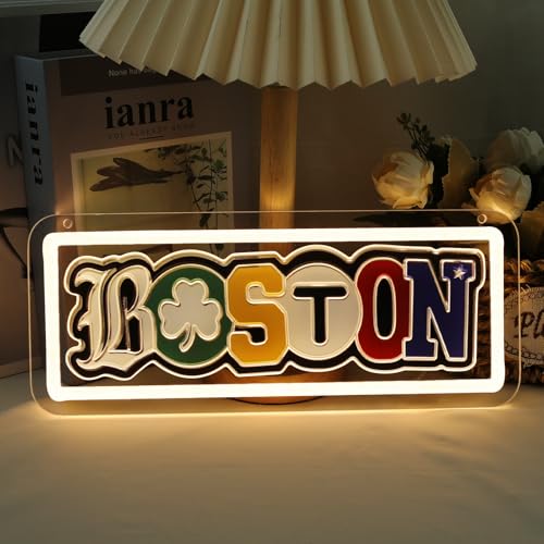 Image of Boston Themed Neon Sign, Boston City of Champions Sport Teams Fans Man Cave Wall Decor with Sports Team Colors, USB Powered LED Neon Light with Dimmer, Gift for Boston Fans for Bedroom, Bar, Game Room