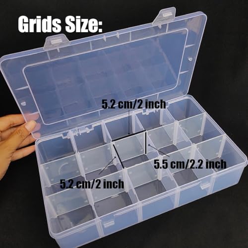 Image of 2 Pcs Large 15 Grids Plastic Organizer Box Clear Storage Container with Adjustable Dividers for Beads, Washi Tapes, Art DIY Crafts, Jewelry, Fishing Tackle, Component and Small Parts