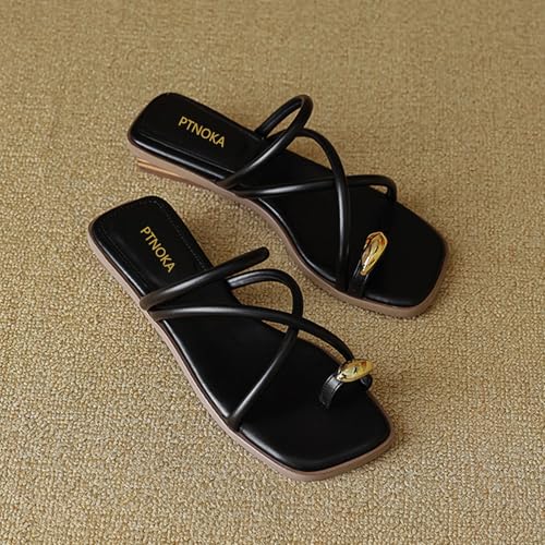 Women's Metal Toe Ring Strappy Flat Sandals Square Open Toe Comfortable Slip-On Low Heel Slide Sandals Summer Fashion Casual Beach Slipper4