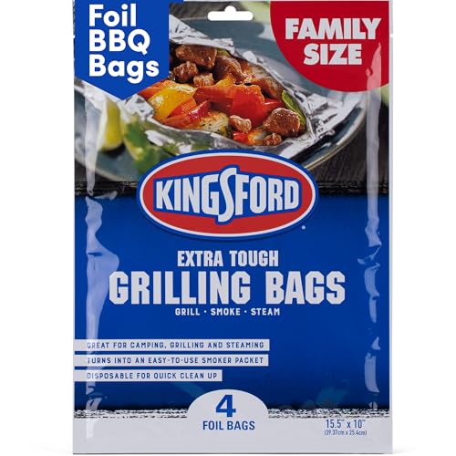 Kingsford Heavy Duty Aluminum Grill Bags, 4 Pack - Foil Packets for Grilling, Disposable Grilling Accessories - Foil Bag Measures 15.5' x 10' - Foil Grilling Bag, Grilling Bags