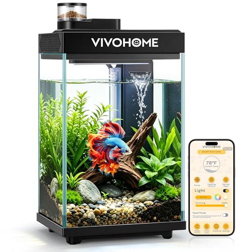 VIVOHOME 2 Gallon Smart Fish Tank with APP Control, Aquarium Starter Kit with Auto Feeder, Filter, Temperature Display, RGB LED Light, Desktop Mini Fish Tank for Betta, Shrimp