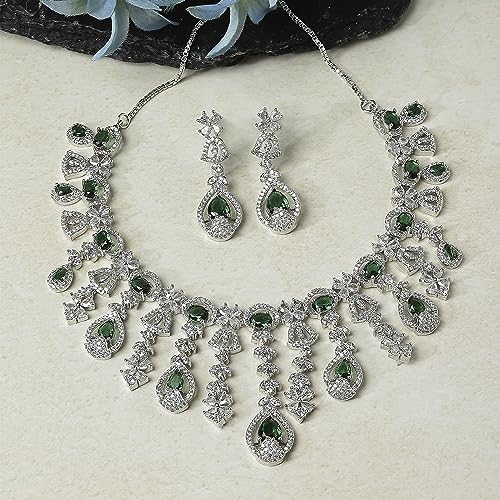 Image of ZENEME Rhodium-Plated Silver-Toned Emerald-Cut American Diamond Floral Link Necklace Set with Pear Drop Earrings for Women & Girls