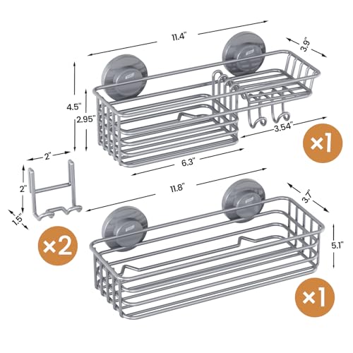 Image of LEVERLOC Shower Caddy Suction Cup, 2 Pack Shelves for Inside with Hooks | Grey Shower Storage, Soap Holder, Shampoo Holder, NO Drill Shower Holder, Rustproof Meatl Bathroom Basket
